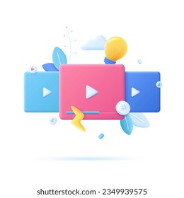 Video on social media concept vector illustration. Play buttons and light-bulb 3D cartoon composition. Watching movie via online streaming services. Creative idea for website, mobile, presentation