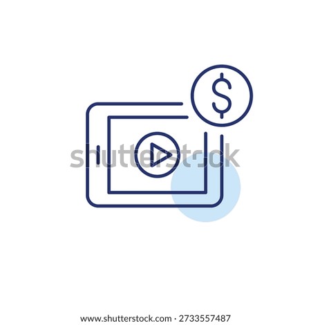 Video on tablet and dollar. Playback button, video monetization value, paid media content. Pixel perfect, editable stroke vector icon