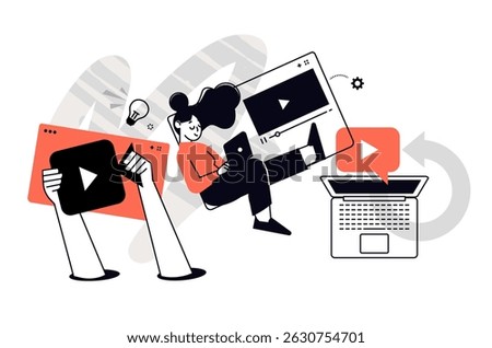 Video and online communication. Set of vector illustrations for web banner, social media banner, business presentation, marketing material. 