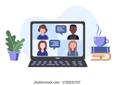 Video Online Conference. Video Meeting Of People Group And Interview. Online Communication. Working Freelance, E-learning Or Studying At Home In Laptops. Vector Illustration Isolated On White