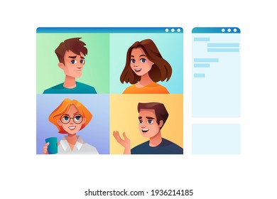 Video online conference men and women isolated online chat in internet, page for messages. Vector screens with social net users, speaking freelancers or entepreneurs. People communication distant job