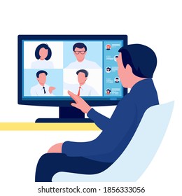 Video online conference. Person meeting with group of people. Team communication concept. Vector