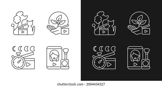 Video online linear icons set for dark and light mode. Pet animal footage. Environmental awareness. Customizable thin line symbols. Isolated vector outline illustrations. Editable stroke