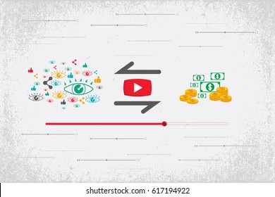 Video and online marketing concept. Play buttons with transfer or interchangeable between view, like, share icons and money.