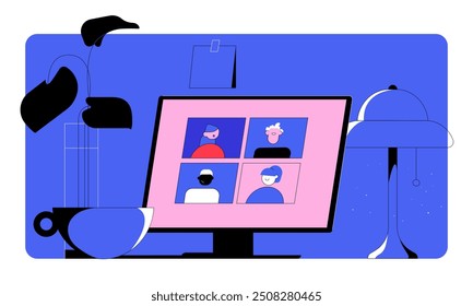 Video online meeting. Video conference and interview. Online communication with friends or co-workers. Working freelance, e-learning or studying at home in computer in the evening. Vector illustration