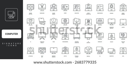 Video and online search display, user profile registration thin black and red outline symbols vector illustration Computer monitor and PC, laptop screen, server with different processes line icon set.