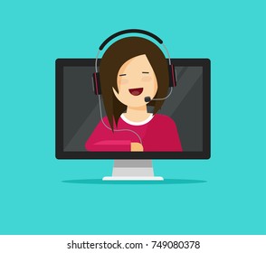 Video online support assistant vector illustration, flat cartoon woman distance consultant in headset talking from pc computer, idea for call center agent help, internet consulting modern icon