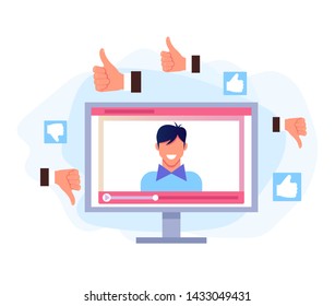 Video online tutorial blogging concept. Vector flat cartoon isolated graphic design illustration