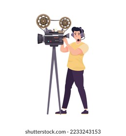 Video operator with a camera. Cameraman working in video studio, television. Professional videographer isolated. Character filming, shooting a movie. Flat vector illustration.