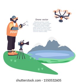 The video operator shooting a beautiful mountain landscape using a drone on a top of a hill. Fascinating view of mountain lake. Modern cinema production.  Isolated on white. Place for your text.