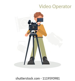 Video operator shoots on camera color flat illustration