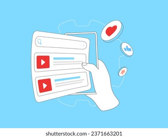 Concepto de optimización de vídeo. SEO de vídeo para algoritmo de búsqueda. Optimizar título, descripciones, etiquetas y miniaturas. Ilustración aislada de vectores sobre fondo azul con iconos