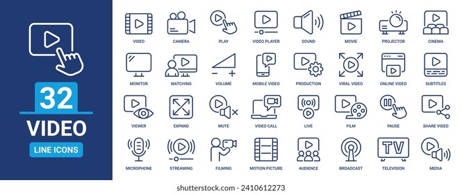 Video outline icon set. Containing movie, camera, cinema, media, film, viewer, TV, play, watching and more. Vector line icons collection.