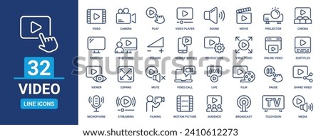 Video outline icon set. Containing movie, camera, cinema, media, film, viewer, TV, play, watching and more. Vector line icons collection.