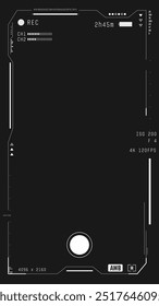 Video or photo camera futuristic viewfinder vertical overlay. Modern sci-fi UI for smart phone from future. Camera frame vector template. Black lines and text, rec icon on transparent background. 