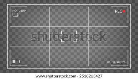 Video and photo camera interface. Black screen recording frame. Vector background