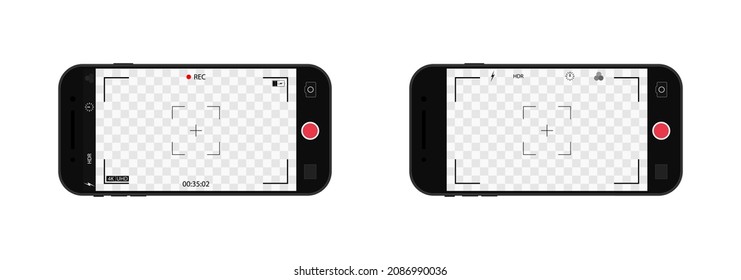 Video And Photo Camera In Phone. Screen With Interface Of App For Shot Photo, Record Video. Horizontal Mockup Of Smartphone With Camera And Ui. Icons Of Viewfinder, Flash, Focus, Zoom. Vector.