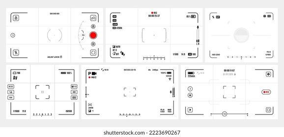 Video and photo camera viewfinder screen display frames. Photo camera viewfinder or camcorder overlay grid vector background. DSLR interface border with rec and battery, aperture, exposure indicator