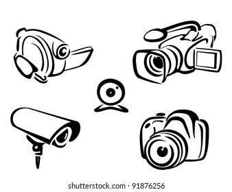 video and photo cameras collection isolated illustration in simple black lines