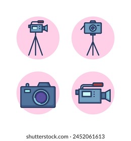 Video and photo equipment line icon set. Professional video camera on tripod, record, microphone. Equipment, recording and filming concept. Vector illustration for web design and apps