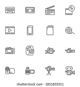 Conjunto de iconos de línea de vídeo y foto, colección de símbolos de vector de contorno, paquete de pictogramas de estilo lineal. Señales, ilustración del logotipo. El ajuste incluye iconos como cinta de audio, vhs, cámara fotográfica, disco de memoria