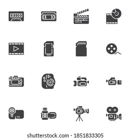 Video and photo vector icons set, modern solid symbol collection, filled style pictogram pack. Signs, logo illustration. Set includes icons as audio cassette tape, vhs, photography camera, memory disc