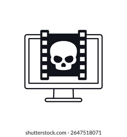 ícone de pirataria de vídeo com uma tira de filme e caveira