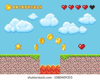 Video pixel game landscape with gold coins, white clouds and red hearts vector illustration. Game and videogame, activity entertainment lifestyle