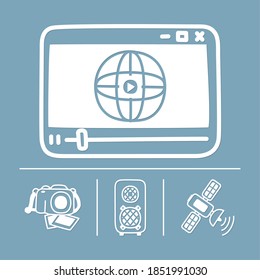 video plaer and news icon set over blue background, silhouette style, vector illustration