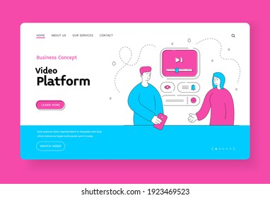 Video platform banner template. Cartoon people characters using social media account on smartphone to watch interesting video online. Flat style vector illustration, thin line art design