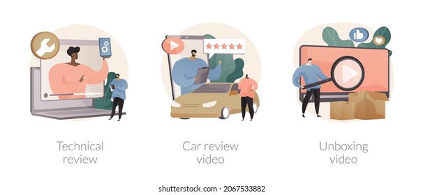 Video platform content abstract concept vector illustration set. Technical review, car test-drive, unboxing video, blog monetization, vlog post idea, online auto advertising abstract metaphor.