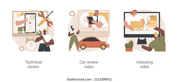Video platform content abstract concept vector illustration set. Technical review, car test-drive, unboxing video, blog monetization, vlog post idea, online auto advertising abstract metaphor.