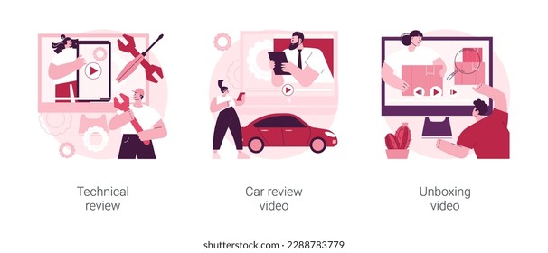 Video platform content abstract concept vector illustration set. Technical review, car test-drive, unboxing video, blog monetization, vlog post idea, online auto advertising abstract metaphor.