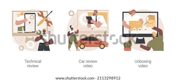 Video platform content abstract concept vector\
illustration set. Technical review, car test-drive, unboxing video,\
blog monetization, vlog post idea, online auto advertising abstract\
metaphor.