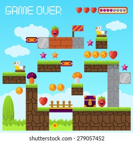 Video Platform Game Interface Design Elements. Vector Background And Different Blocks To Construct Your Own Game Level. Vintage Style Game Design. Day Level. Mobile Game. Pixel Game