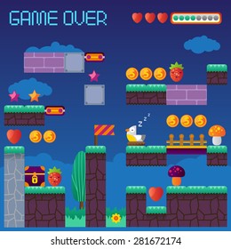 Video platform game interface design elements. Vector background and different blocks to construct your own game level. Vintage style game design. Night level. Mobile game. Pixel game