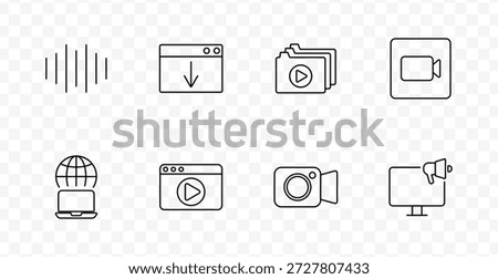 Video platform set icon. Audio lines, download browser, video folder, video icon, laptop globe, play browser, camera, megaphone screen drawn in outlined style with transparent background