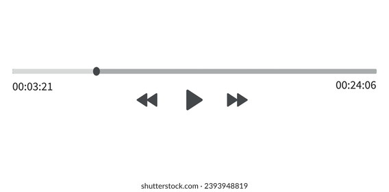 Video play bar display interface. Audio player progress for podcast, misic, radio. Vector slider, play, rewind buttons jn white background