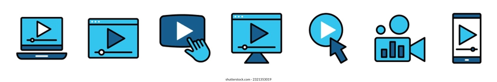 Video play button icon. Video marketing on electronic and devices icon symbol in color style on white background with editable stroke for apps and websites. Vector illustration EPS 10