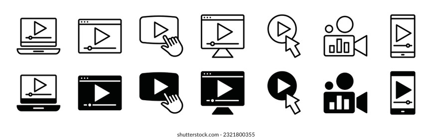 Icono del botón de reproducción de vídeo. Video marketing sobre el símbolo de icono electrónico y de dispositivos en línea y estilo plano en fondo blanco con trazo editable para aplicaciones y sitios web. Ilustración del vector EPS 10