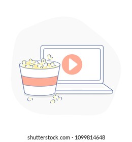 Video Play Button Icon, Watch Film, Movie  On The Laptop Display With The Popcorn Bucket, Home Cinema Icon Concept, Leisure. Flat Outline Vector Illustration.