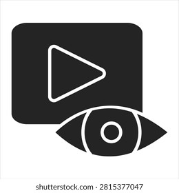 Video play button icon with watching eye symbol. Minimalist dark icon featuring a digital play media button and a human eye. Symbolic of video views and streaming analytics. Ideal for website interface or social media app design.