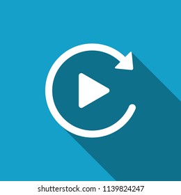 Video play button like simple replay icon isolated with long shadow. Flat design. Vector Illustration