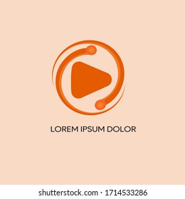 video play button like simple replay icon. concept of watching on streaming video player or livestream webinar ui emblem. flat style trend modern orange logotype graphic design on orange soft backgrou