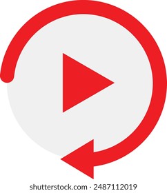 Video play button like simple replay icon isolated on white background. Red replay button. Vector illustration