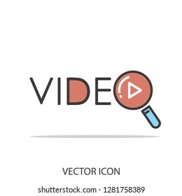 video play button under a magnifier, line icon, video logo - vector illustration eps10
