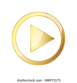 Video play icon. Golden button on white background. Vector illustration.