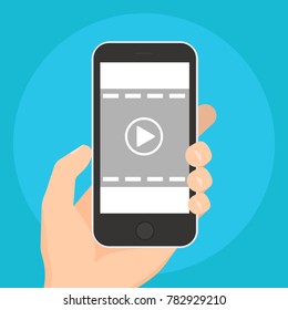 Video play icon. Playing video on the mobile devices isolated on the blue background. Vector illustration