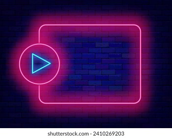 Video play neon poster. Party greeting card. Empty pink frame and arrow. Children playground. Welcome sign. Glowing flyer. Copy space. Editable stroke. Vector stock illustration