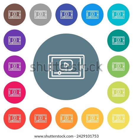 Video play on landscape tablet outline flat white icons on round color backgrounds. 17 background color variations are included.